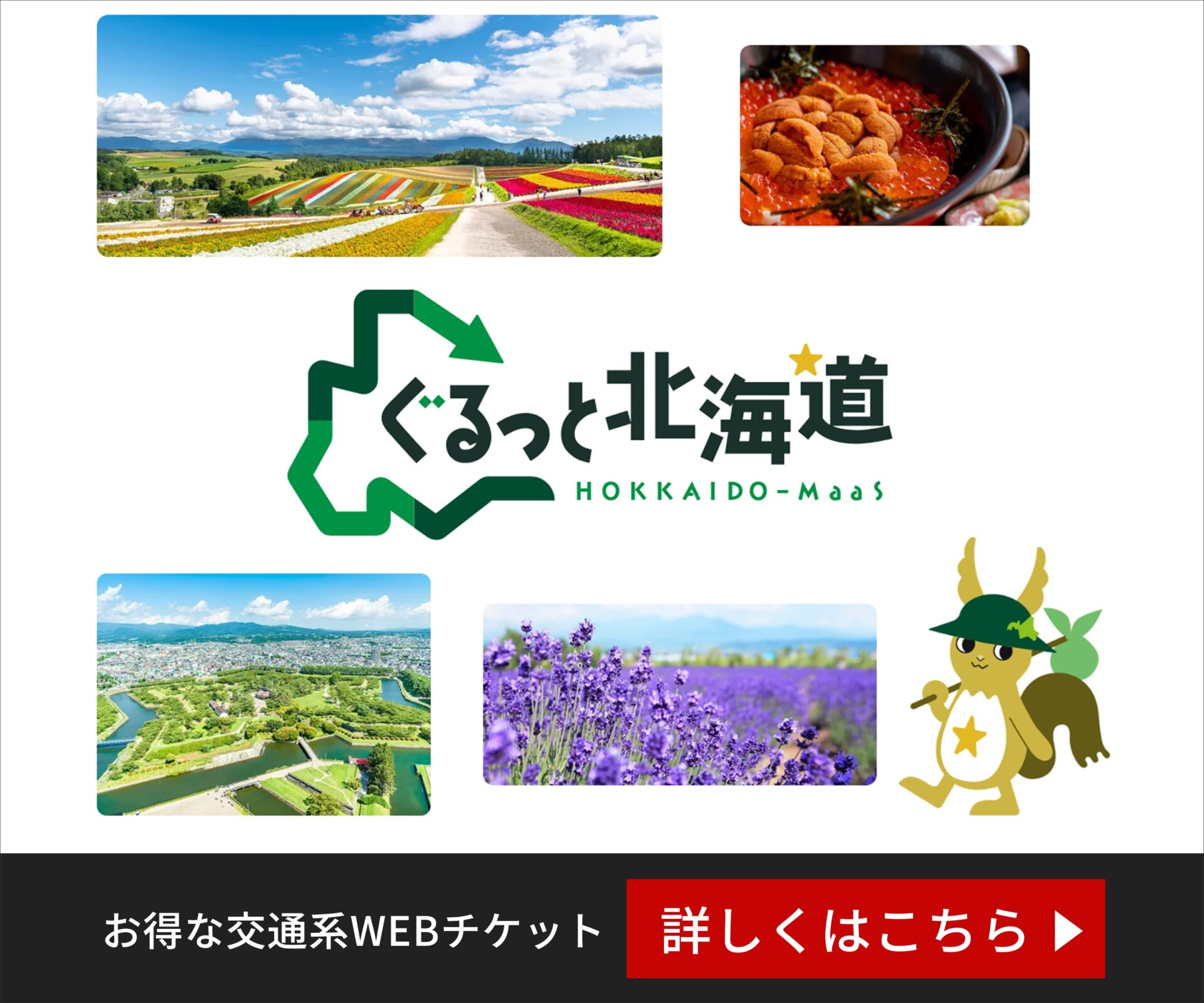 ぐるっと北海道は、北海道を訪れる日本人や外国人観光客向けにお得な交通系WEBチケットを提供するサービスです。スマートフォンだけで、お得で便利なチケットを簡単に購入・使用することができます。北海道の広大な自然や魅力的な都市を、ぐるっと北海道でより快適に楽しみましょう！